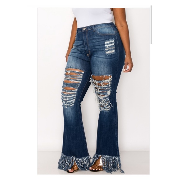 ➕ Distressed Thigh Flare Fringe Hem Jeans - Picture 3 of 7